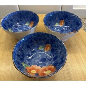 Vintage Japanese Porcelain Arita Juzan Gama Namasu Showa Peony Bowls Set Of 3
